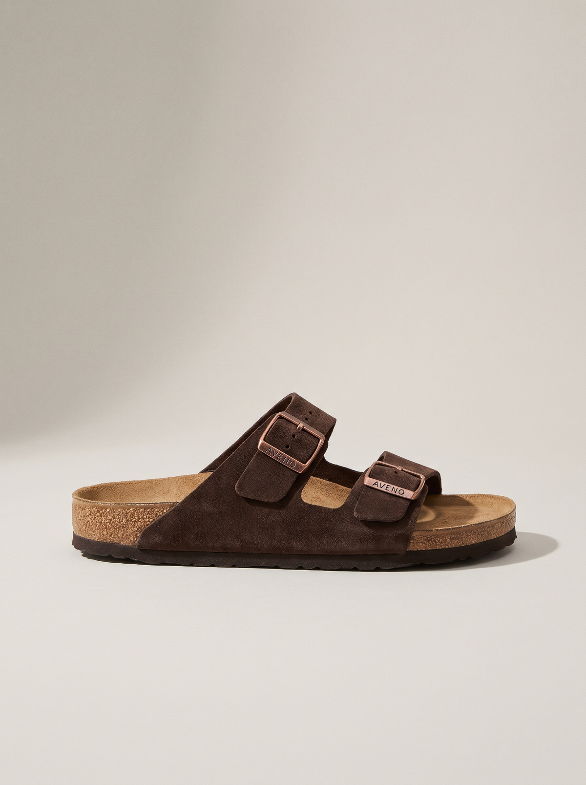 Aveno two-strap sandal in Mocha Suede, side profile
