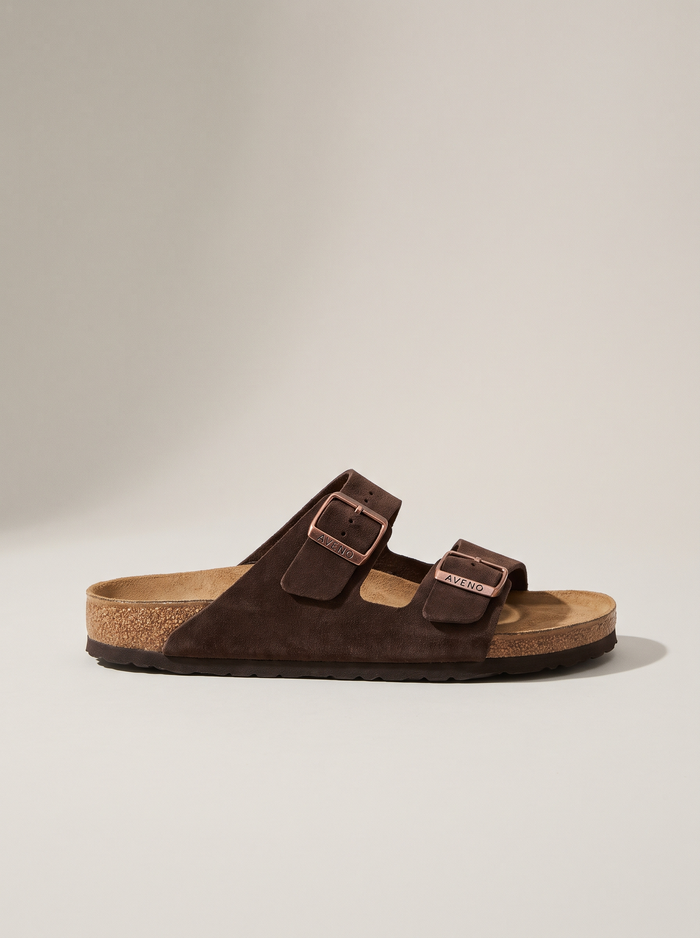 Aveno two-strap sandal in Mocha Suede, side profile